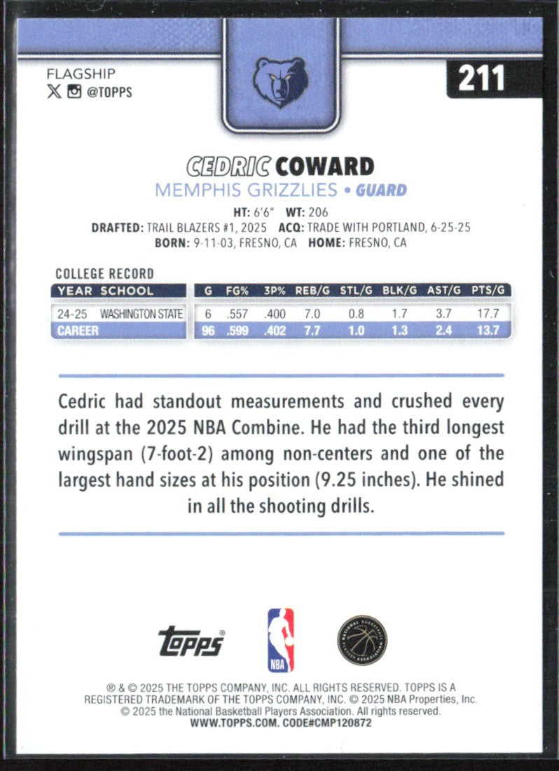 Cedric Coward 2025 Topps RC #211 Memphis Grizzlies