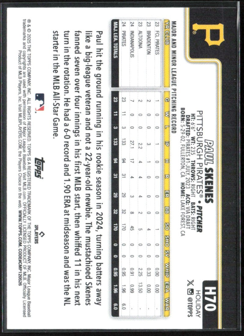 Paul Skenes 2025 Topps Holiday Gold Lights #H70 Pittsburgh Pirates