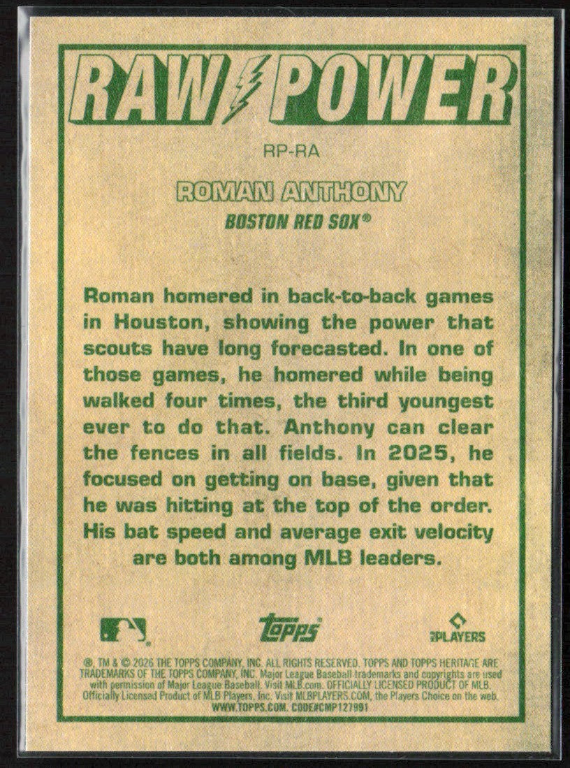 Roman Anthony 2026 Topps Heritage Raw Power RC #RP-RA Boston Red Sox