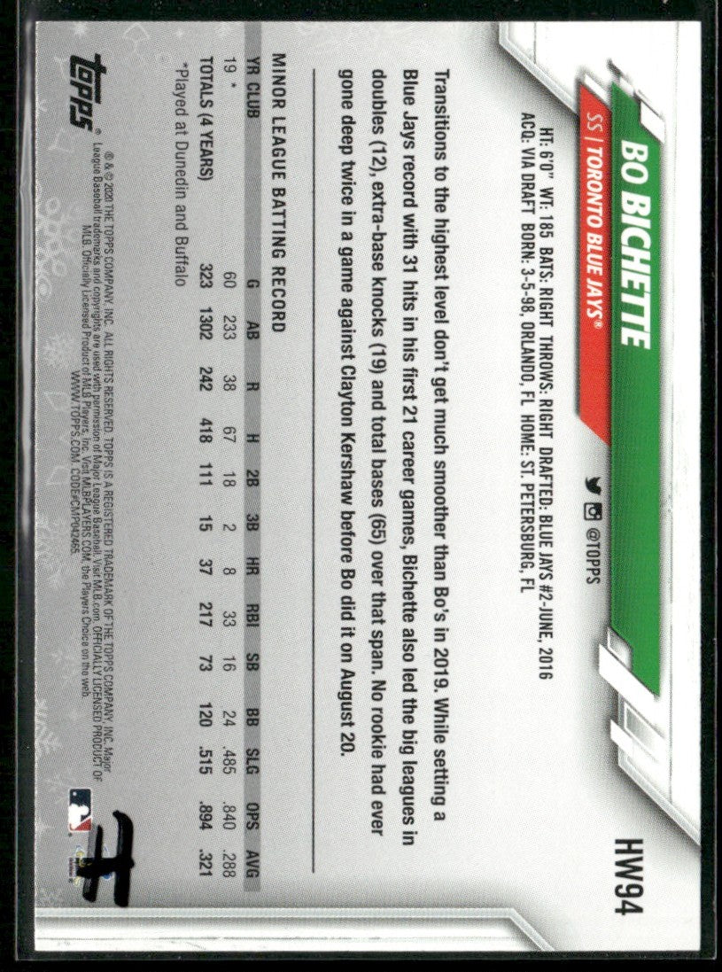 Bo Bichette 2020 Topps Holiday RC #HW94 Toronto Blue Jays