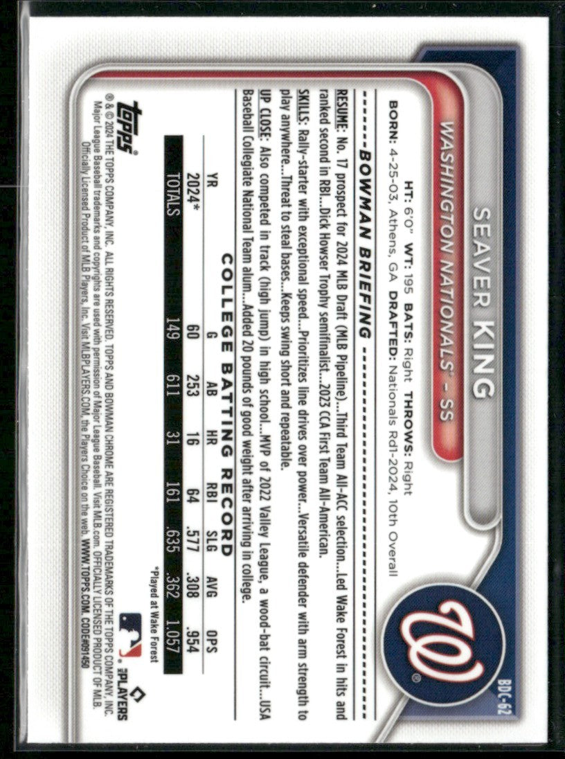 Seaver King 2024 Bowman Draft Chrome 1st #BDC-62 Washington Nationals
