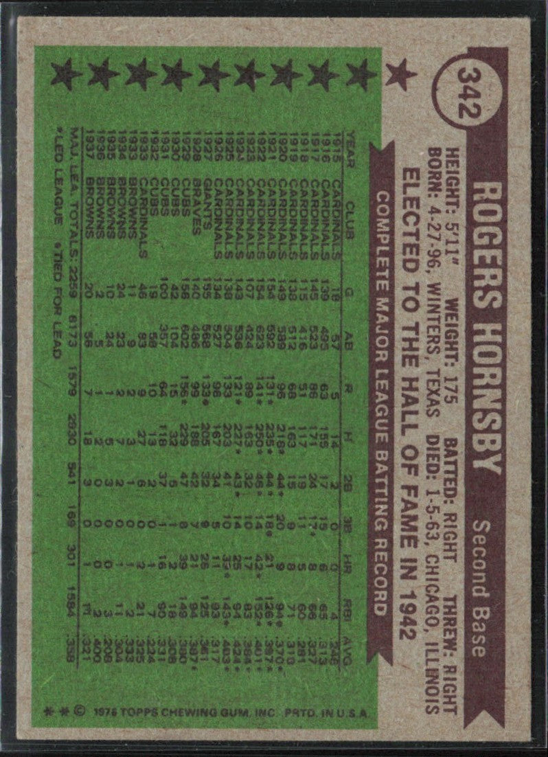 Rogers Hornsby 1976 Topps #342.0 St. Louis Cardinals