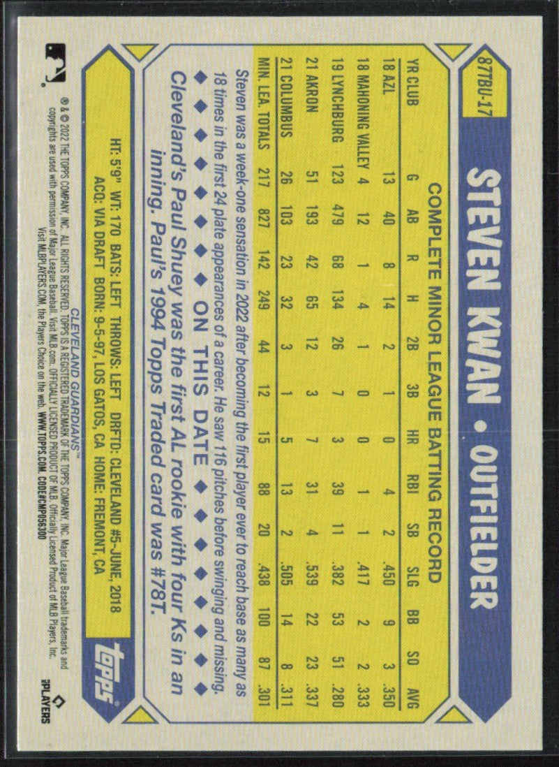 Steven Kwan 2022 Topps 1987 Design RC #87TBU-17 Cleveland Guardians
