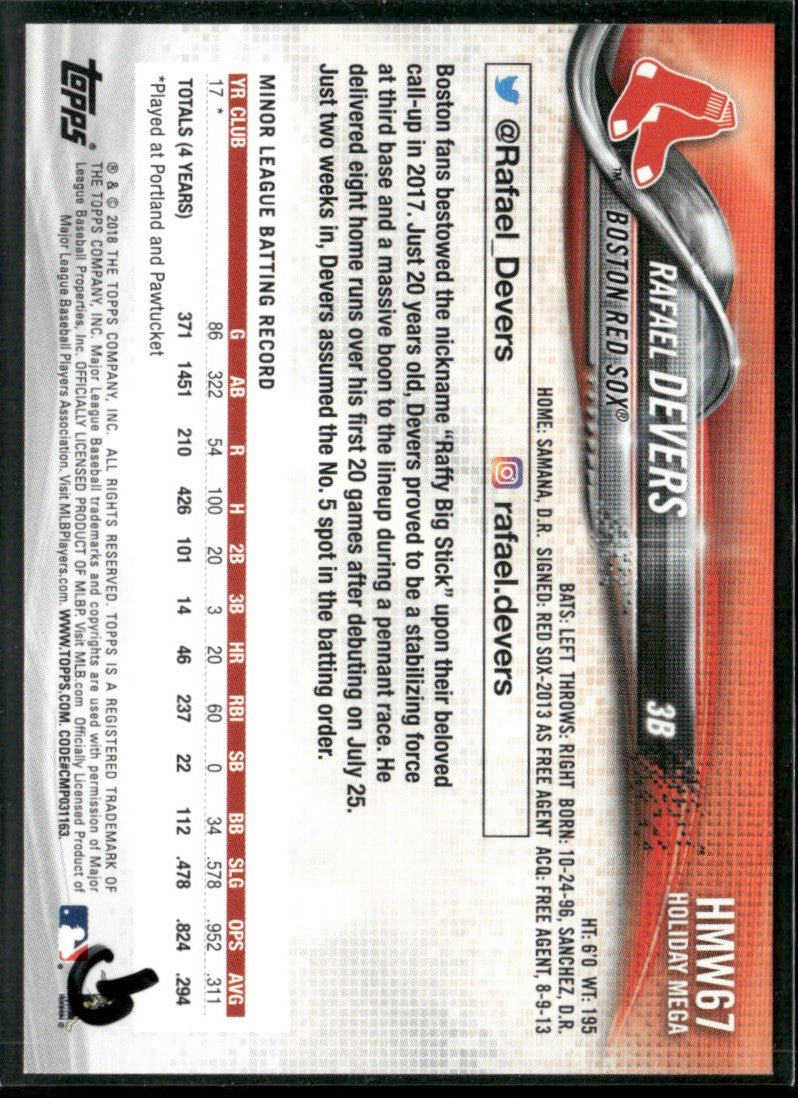 Rafael Devers 2018 Topps Holiday RC #HMW67 Boston Red Sox
