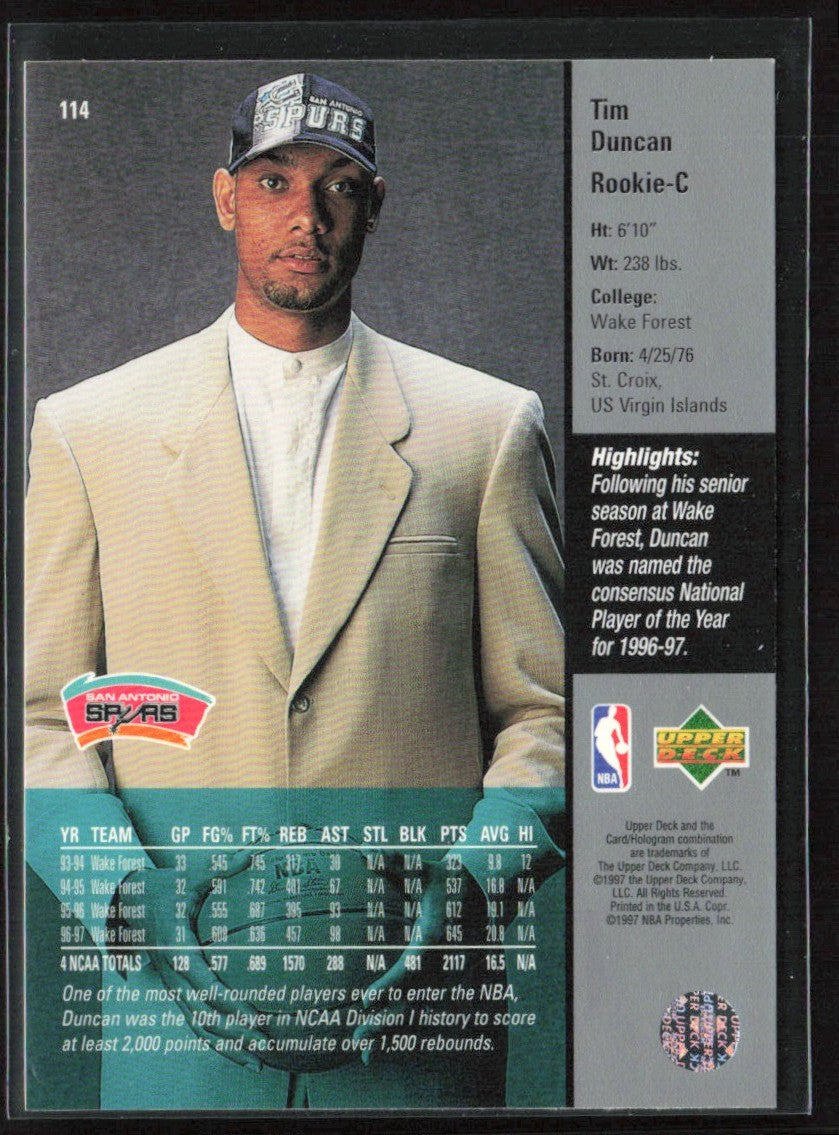 Tim Duncan 1997 Upper Deck RC #114 San Antonio Spurs
