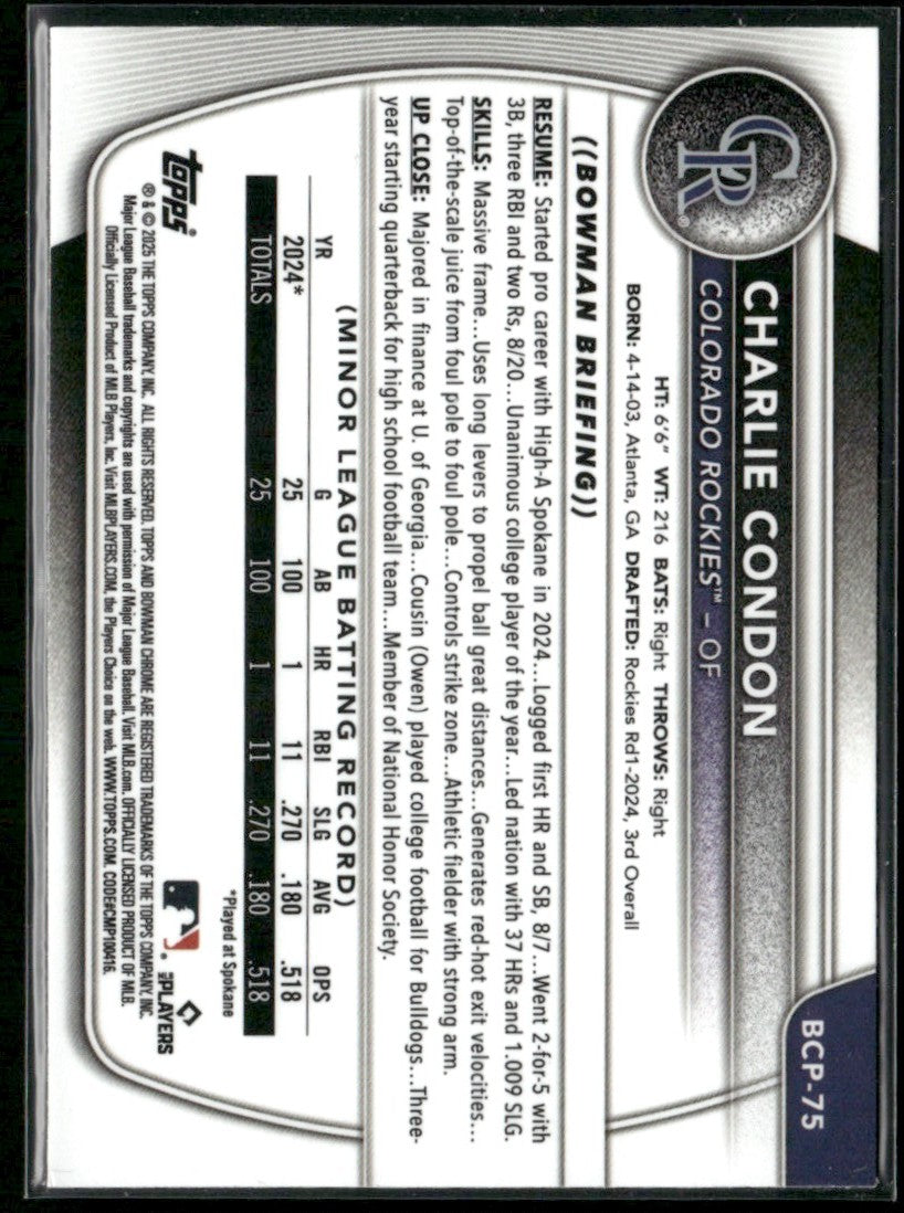 Charlie Condon 2025 Bowman Chrome 1st #BCP-75 Colorado Rockies