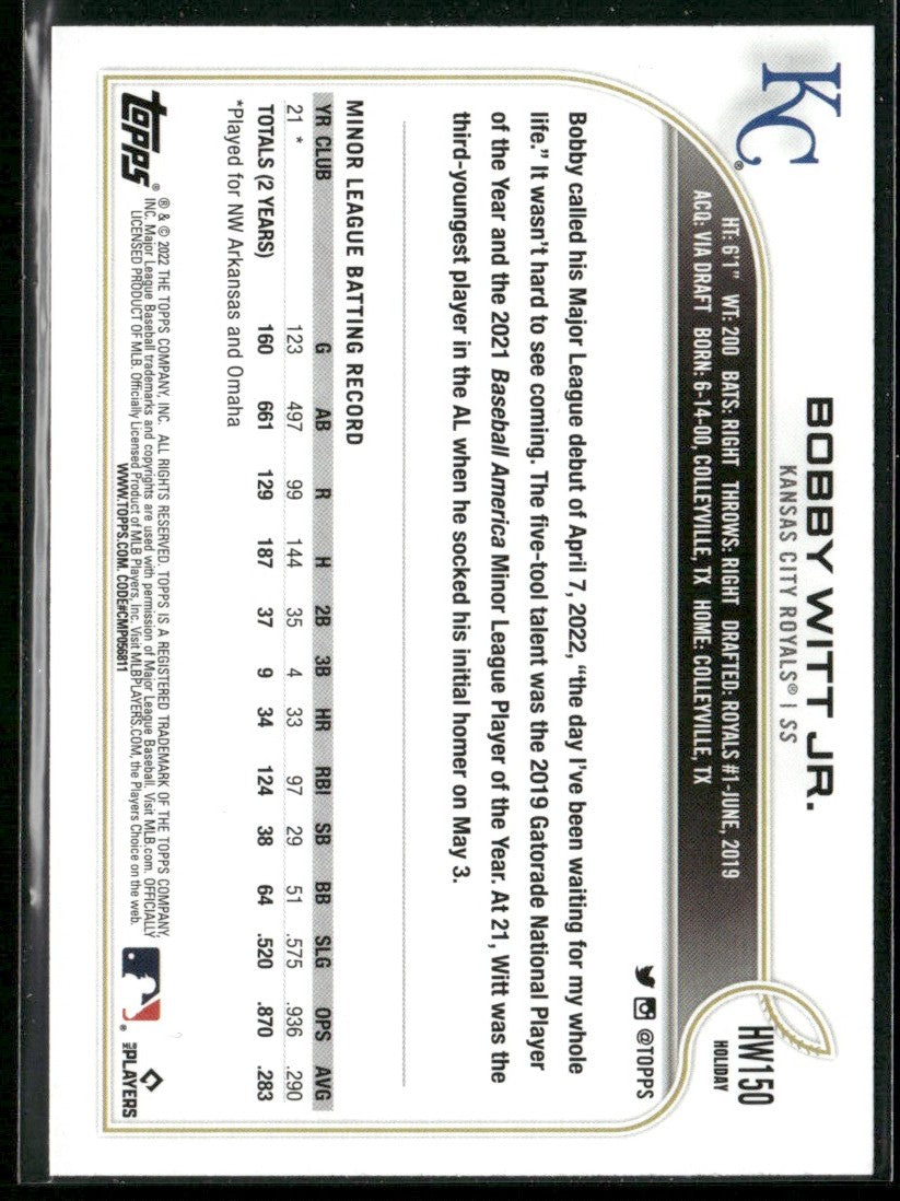 Bobby Witt Jr. 2022 Topps Holiday #HW150 Kansas City Royals
