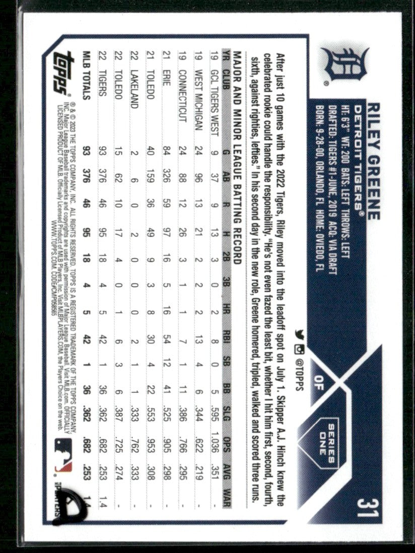 Riley Greene 2023 Topps RC #31 Detroit Tigers