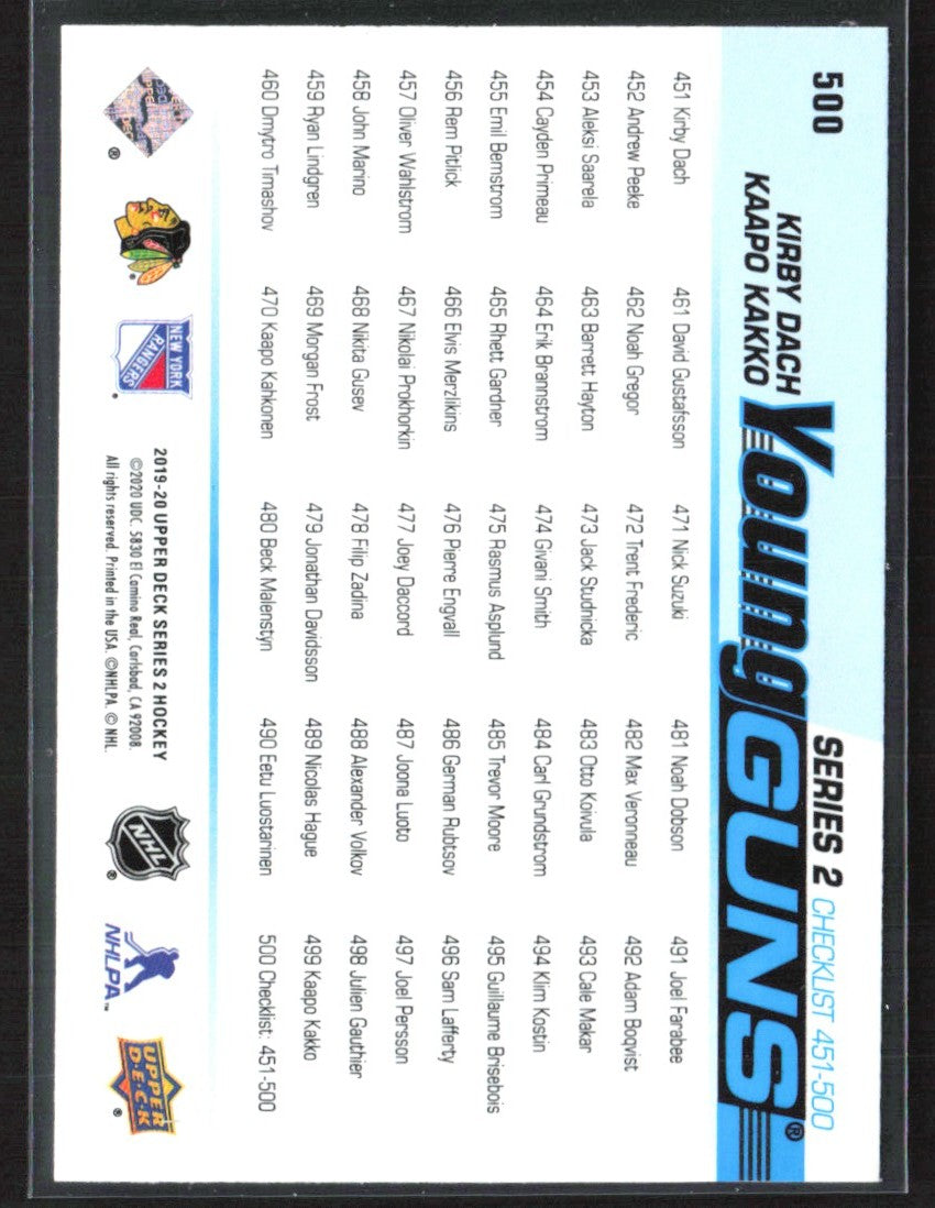 Kirby Dach/Kaapo Kakko 2019 Upper Deck Young Guns Checklist RC #500