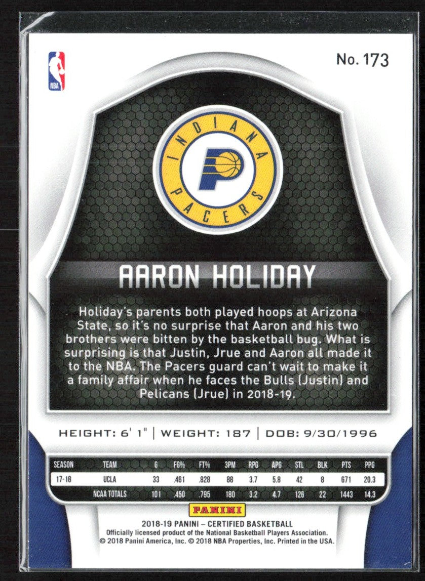 Aaron Holiday 2018 Panini Certified Mirror Blue RC /199 #173 Indiana Pacers