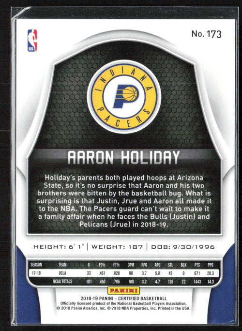 Aaron Holiday 2018 Panini Certified Mirror Blue RC /199 #173 Indiana Pacers
