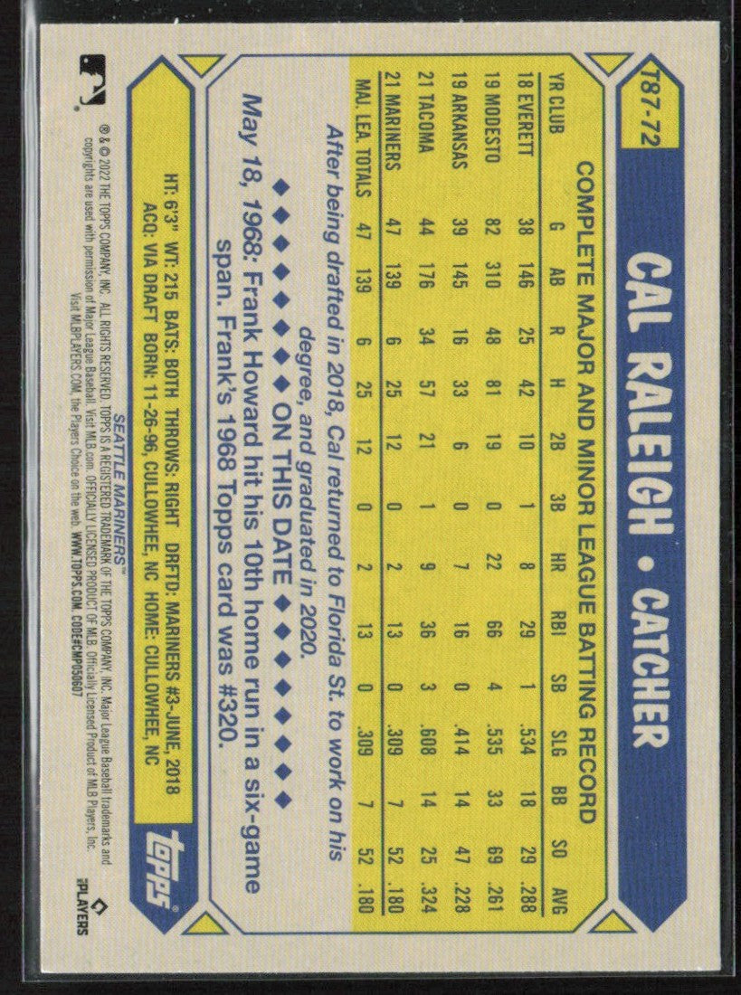 Cal Raleigh 2022 Topps 1987 Design RC #T87-72 Seattle Mariners