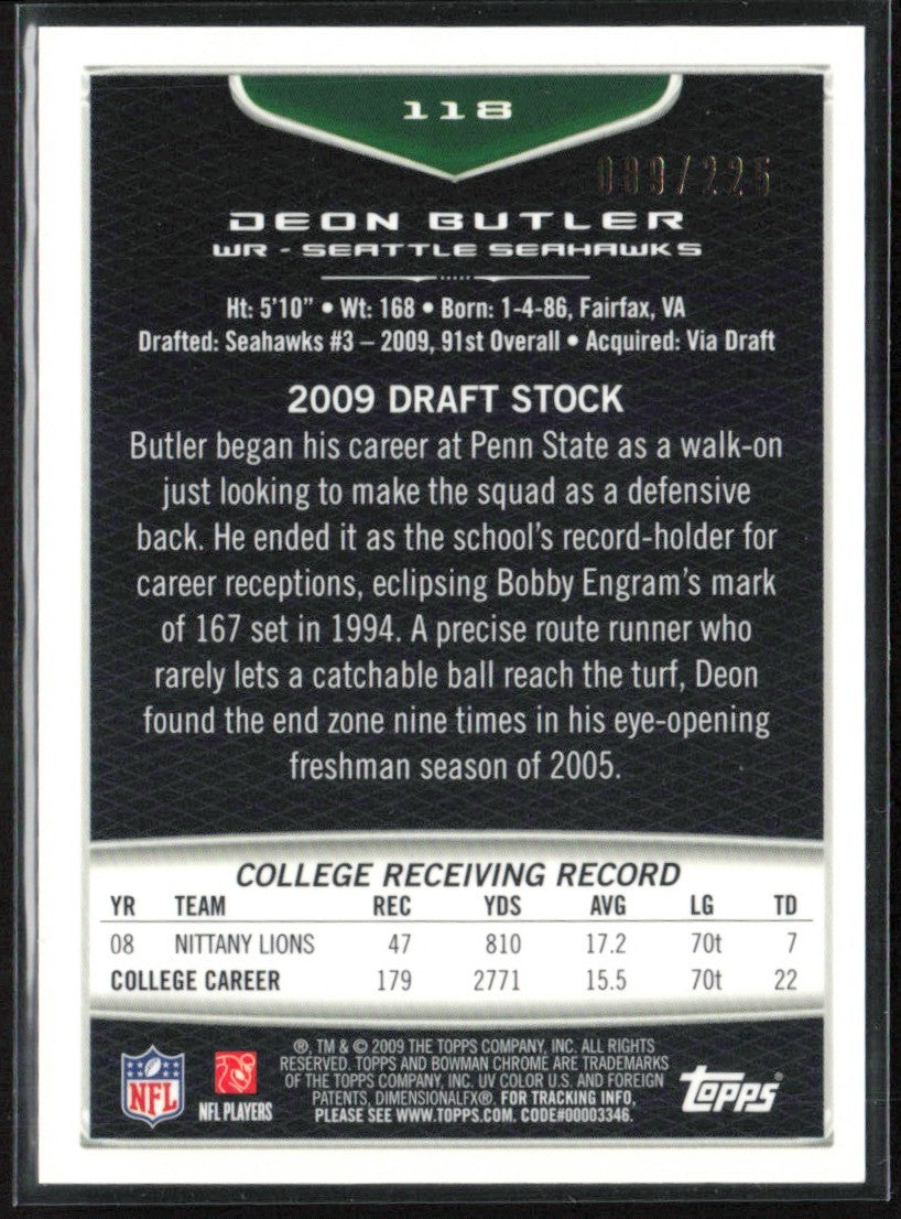 Deon Butler 2009 Bowman Chrome Bronze Refractor RC /225 #118 Seattle Seahawks