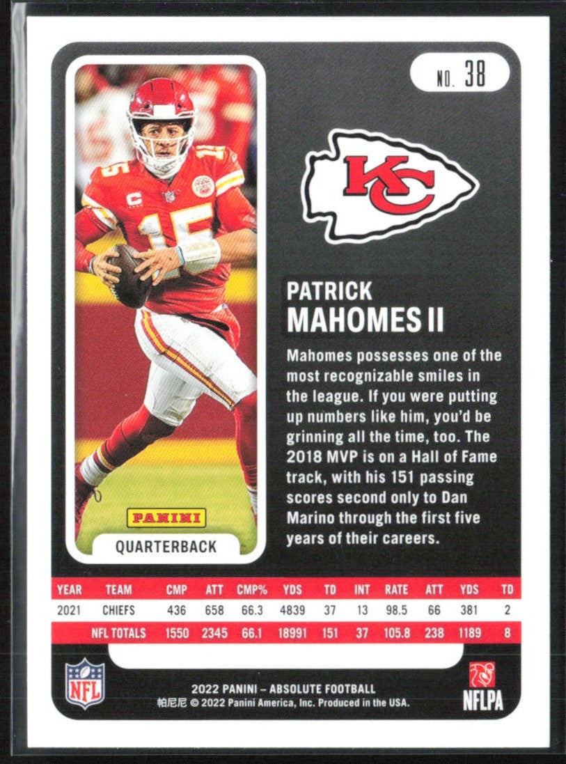 Patrick Mahomes II 2022 Panini Absolute Green #38 Kansas City Chiefs