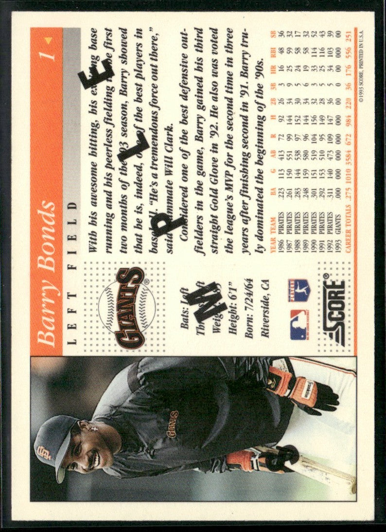 Barry Bonds 1993 Score Sample #1 San Francisco Giants