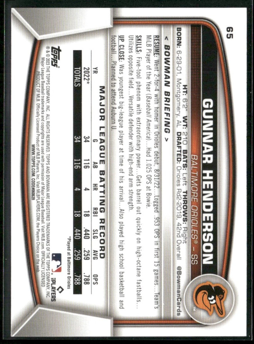 Gunnar Henderson 2023 Bowman RC #65 Baltimore Orioles
