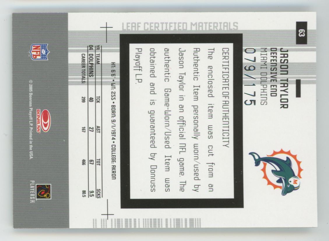 Jason Taylor 2005 Leaf Certified Materials Mirror White /175 Jersey #63