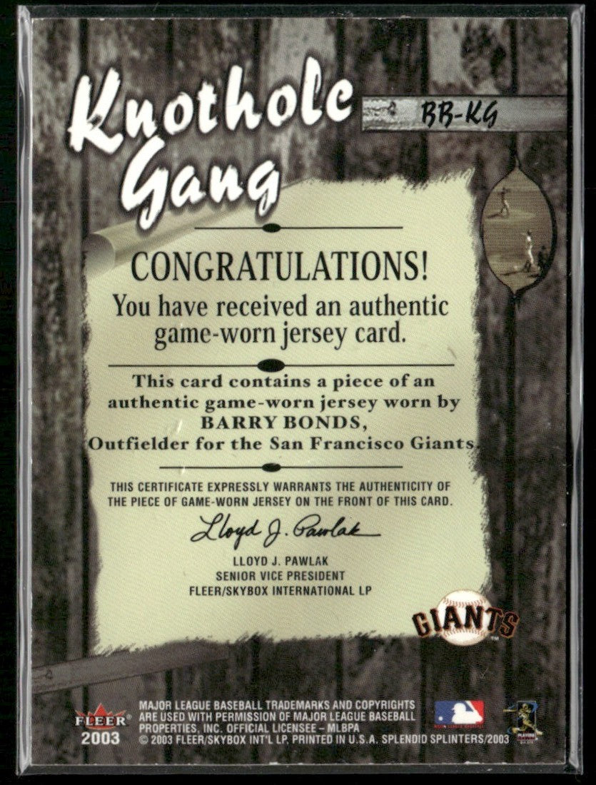 Barry Bonds 2023 Fleer Splendid Splinters Knothole Gang Game Worn Jersey #BB-KG