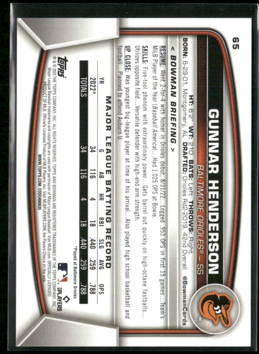 Gunnar Henderson 2023 Bowman RC #65 Baltimore Orioles
