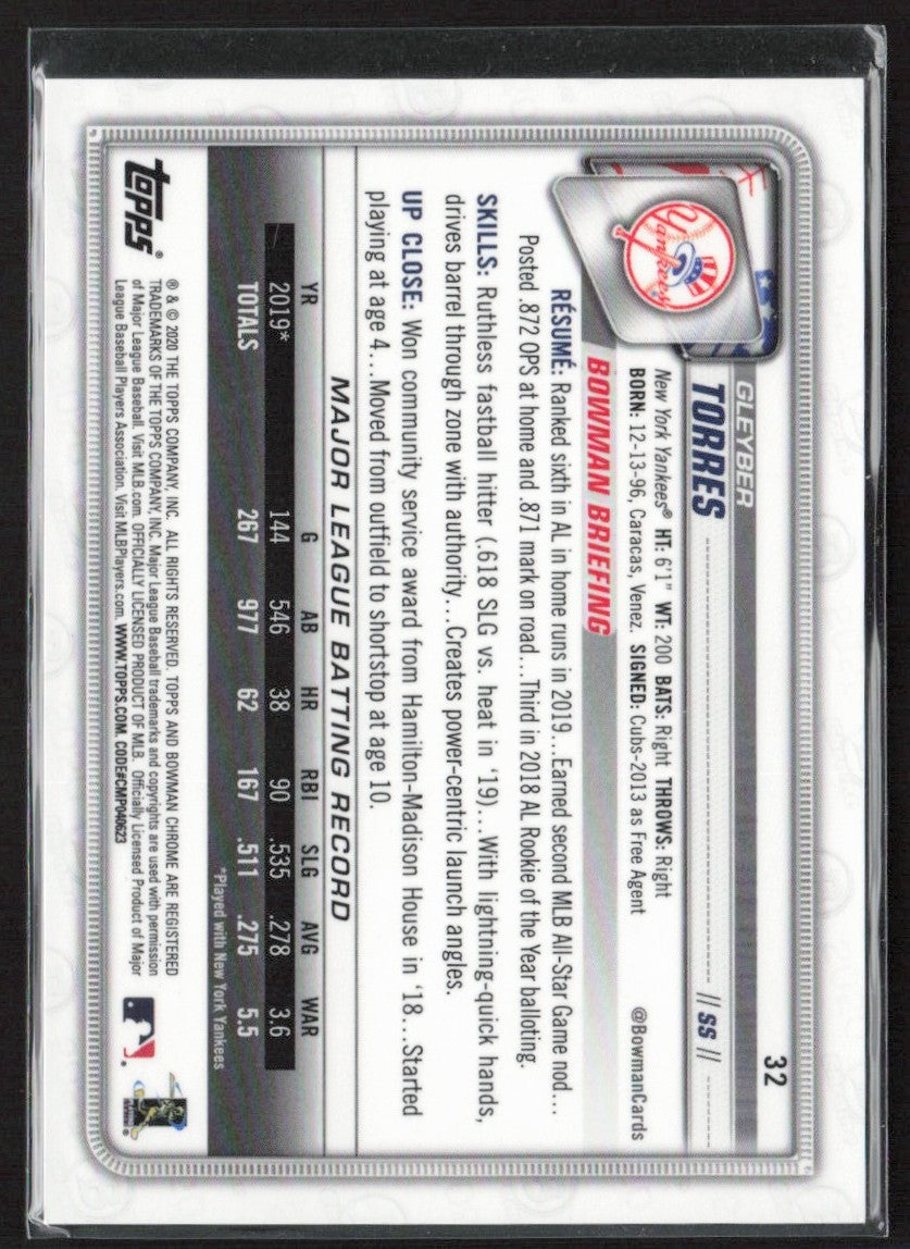 Gleyber Torres 2020 Bowman Chrome Purple Refractor /250 #32 New York Yankees