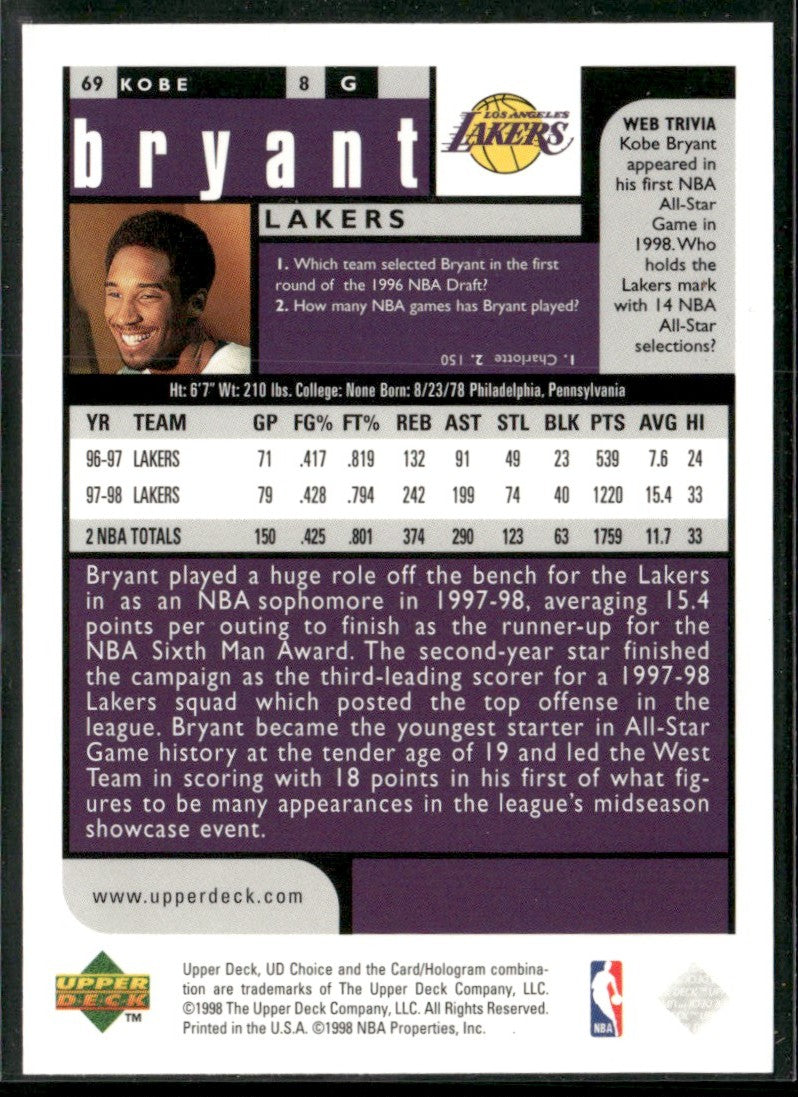 Kobe Bryant 1998 Upper Deck Choice #69 Los Angeles Lakers