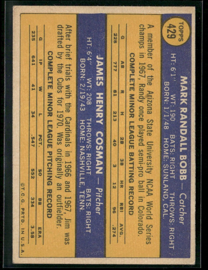 Cubs 1970 Rookie Stars - Randy Bobb/Jim Cosman 1970 Topps RC #429 Chicago Cubs