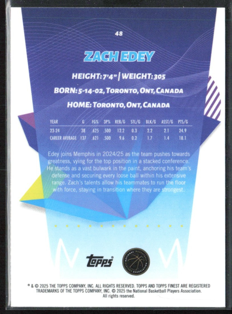 Zach Edey 2024 Topps Finest RC #48 Memphis Grizzlies