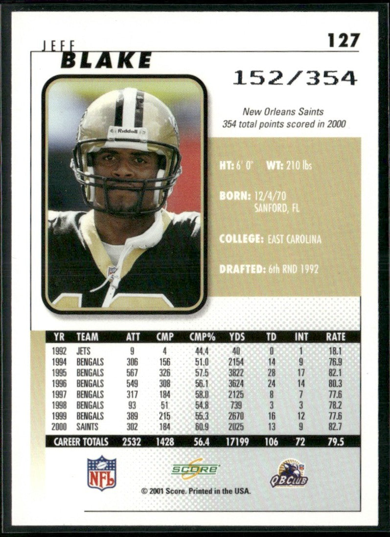 Jeff Blake 2001 Score Scorecard /354 #127 New Orleans Saints