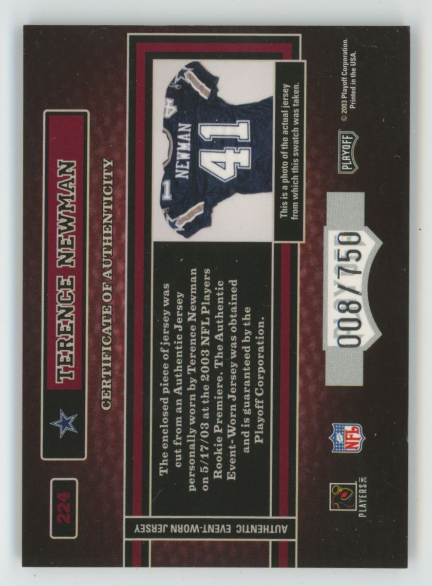 Terence Newman 2003 Playoff Hogg Heaven Premiere Hoggs RC /750 Jersey #224