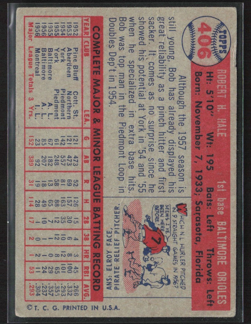Bob Hale 1957 Topps #406 Baltimore Orioles