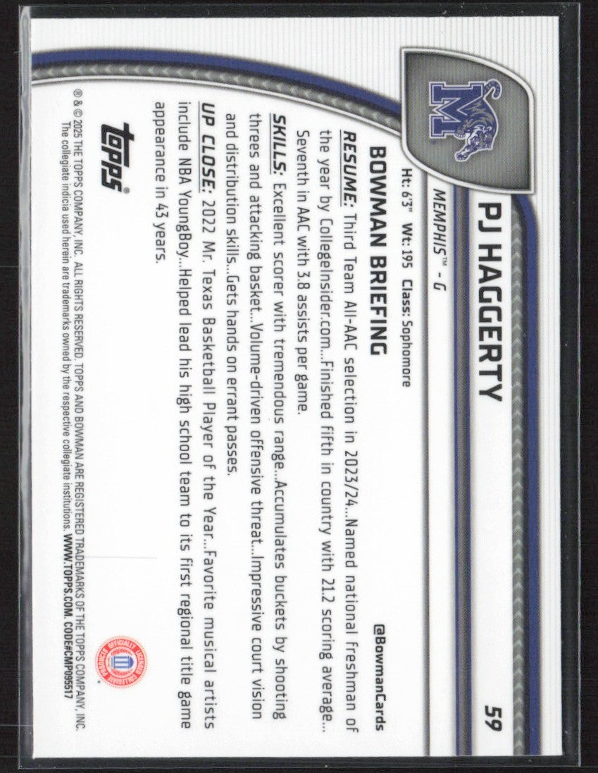 PJ Haggerty 2024 Bowman U Chrome Purple Lava Refractor #59 Memphis Tigers