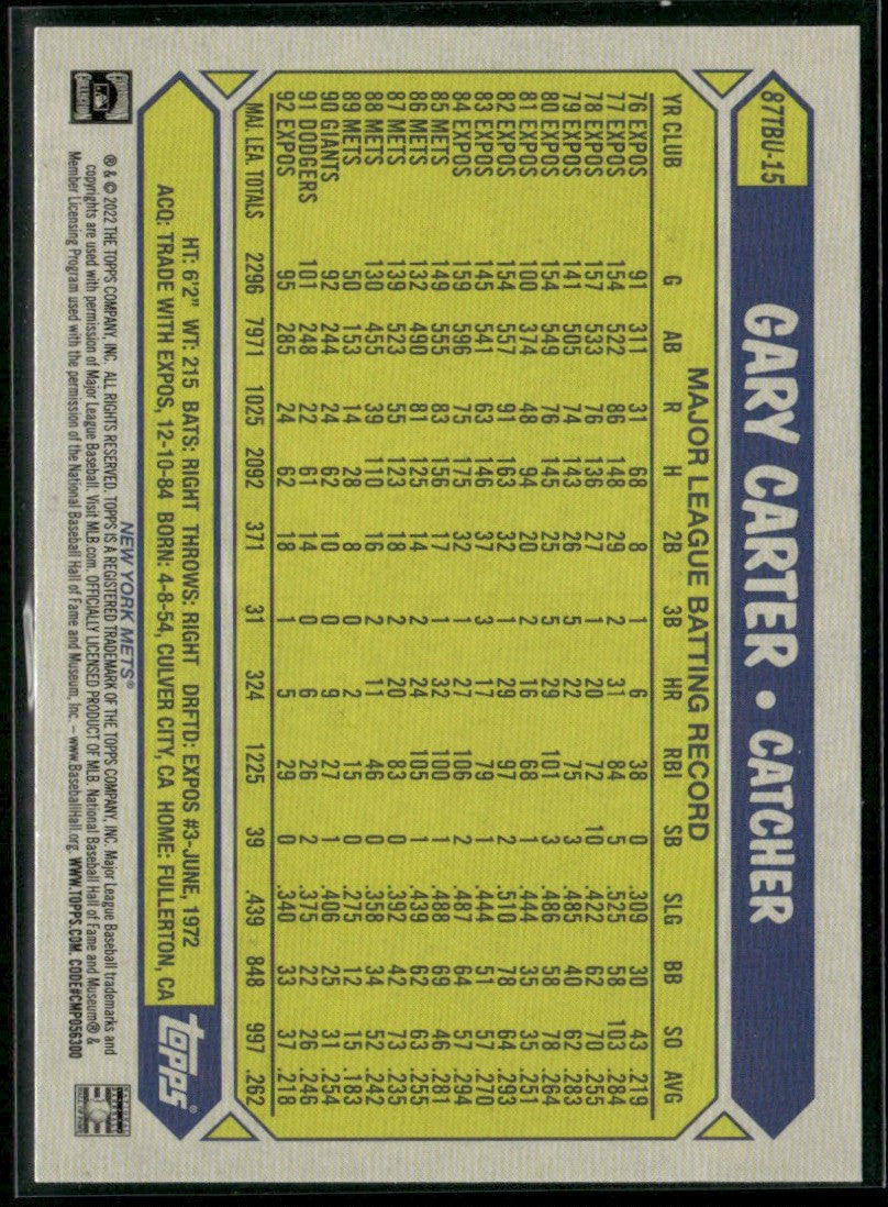 Gary Carter 2022 Topps Update 1987 #87TBU-15 New York Mets