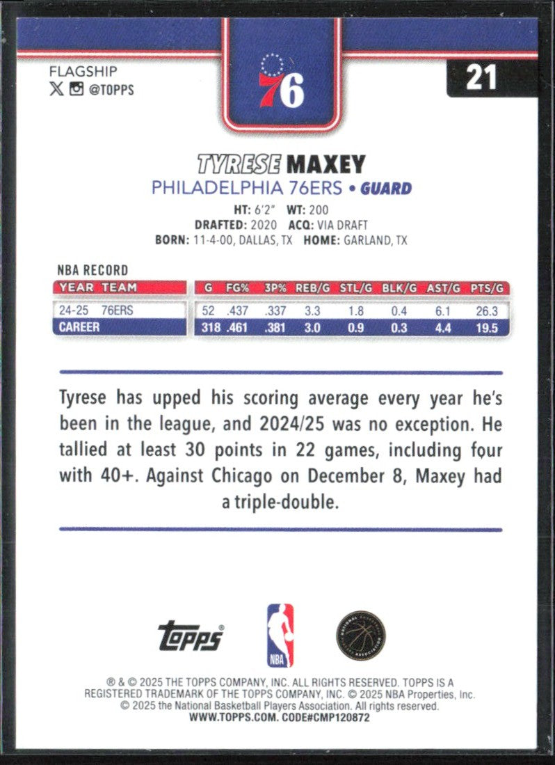Tyrese Maxey 2025 Topps Rainbow Foil #21 Philadelphia 76ers