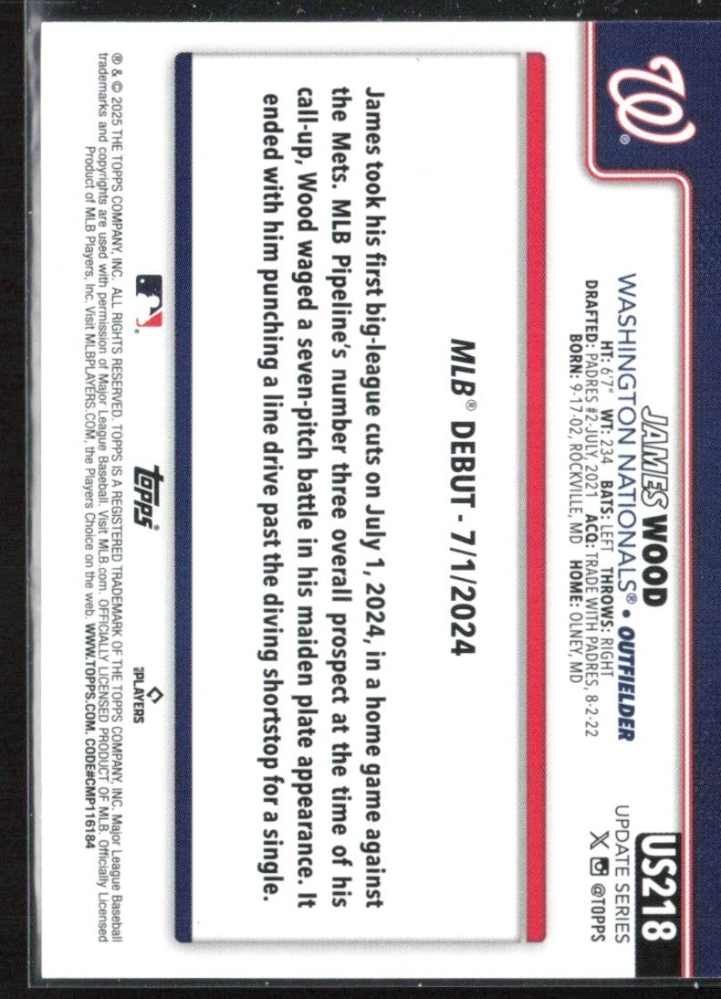 James Wood 2025 Topps Update Rookie Debut RC #US218 Washington Nationals