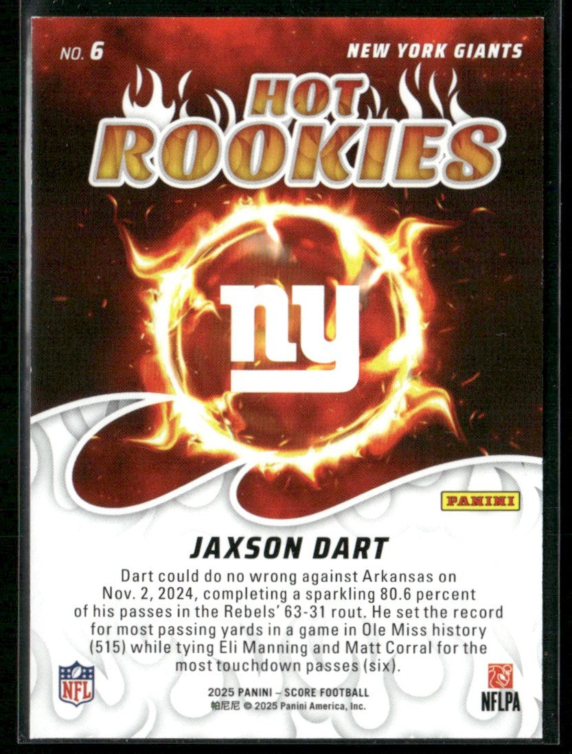 Jaxson Dart 2025 Panini Score Hot Rookies RC #6 New York Giants