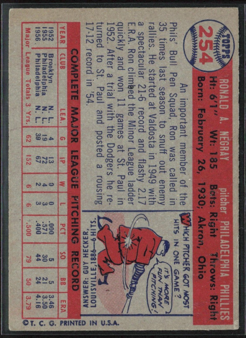Ron Negray 1957 Topps #254 Philadelphia Phillies