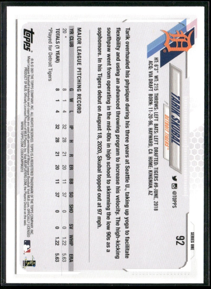 Tarik Skubal 2021 Topps RC #92 Detroit Tigers