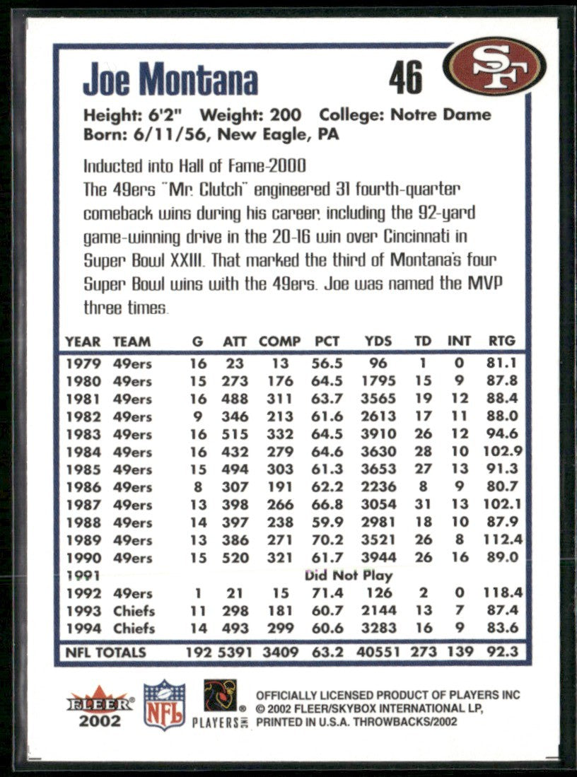 Joe Montana 2002 Fleer Throwbacks #46 San Francisco 49ers