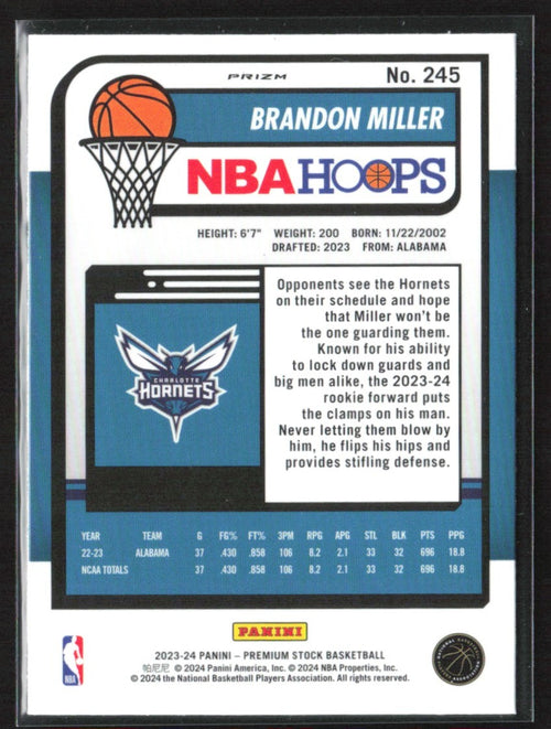 Brandon Miller 2023 Panini NBA Hoops Premium Stock Ice Prizm RC #245