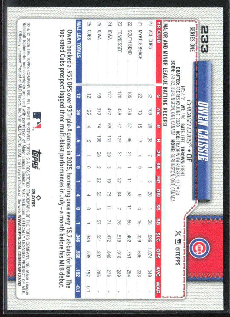 Owen Caissie 2026 Topps RC #233 Chicago Cubs