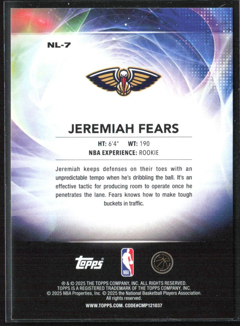 Jeremiah Fears 2025 Topps No Limit RC #NL-7 New Orleans Pelicans