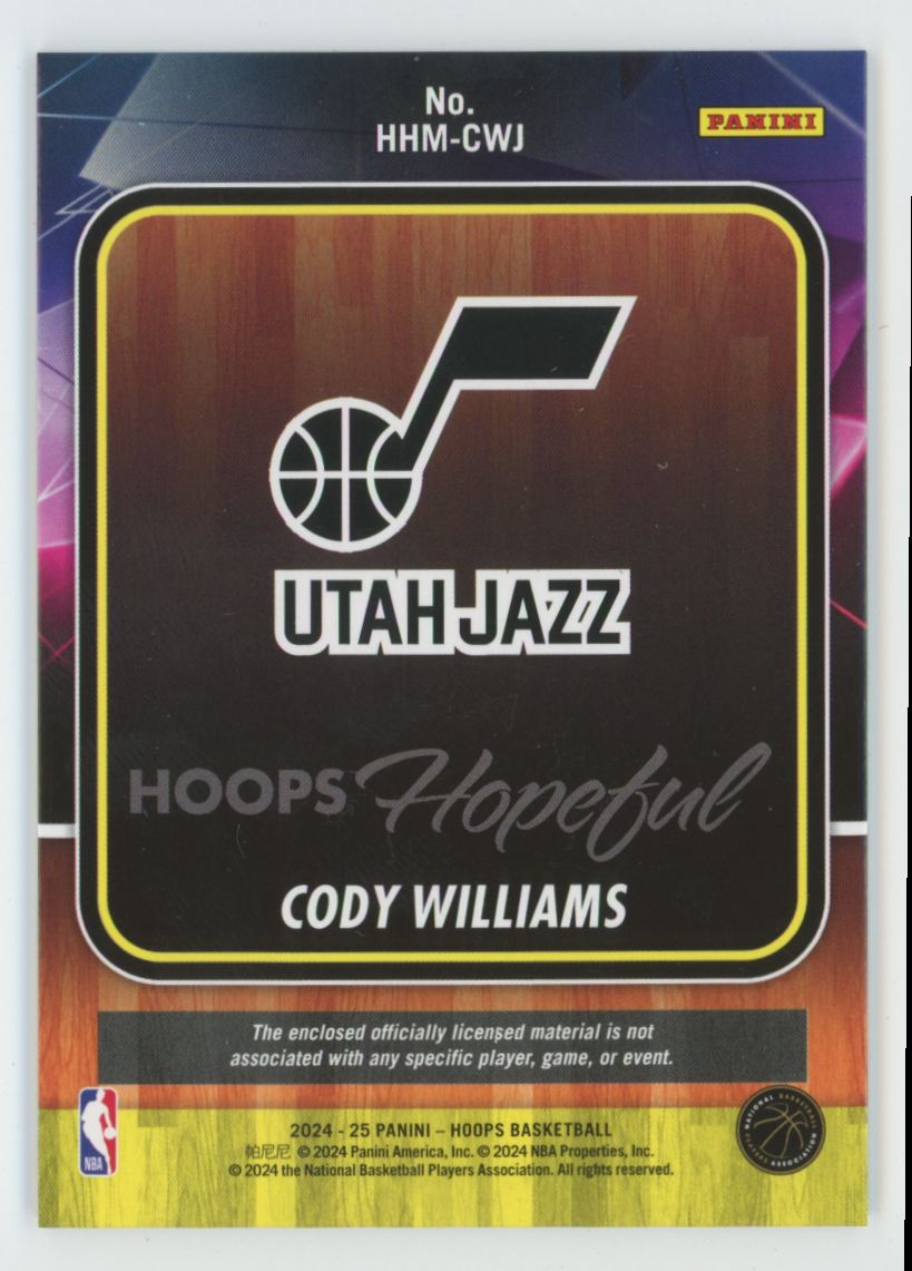 Cody Williams 2024 NBA Hoops Hopeful RC Jersey #HHM-CWJ Utah Jazz