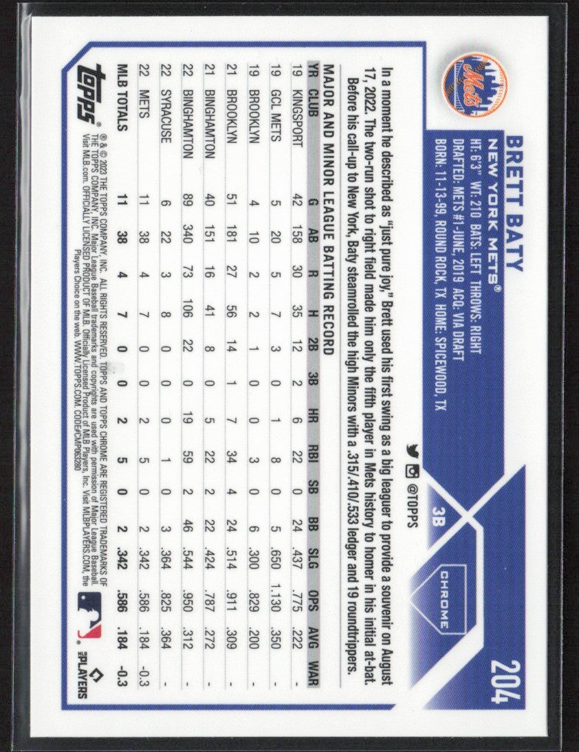 Brett Baty 2023 Topps Chrome Logofractor RC #204 New York Mets