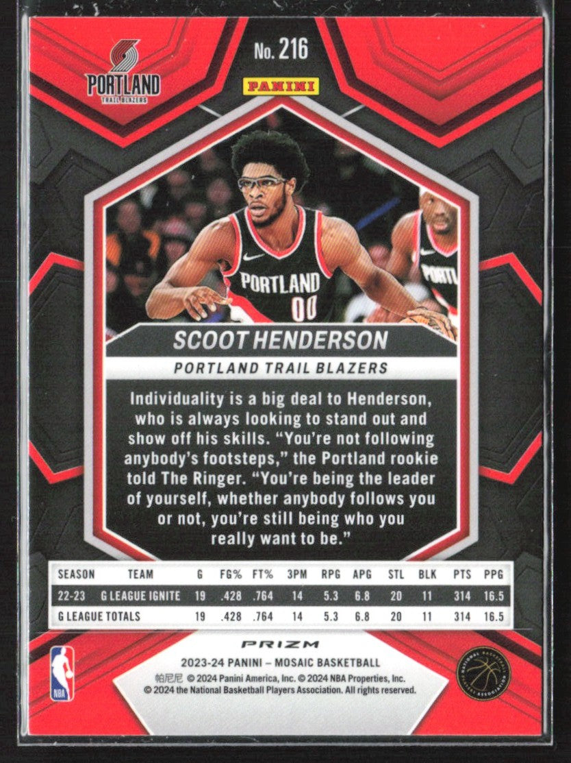 Scoot Henderson 2023 Panini Mosaic Silver Prizm RC #216 Portland Trail Blazers