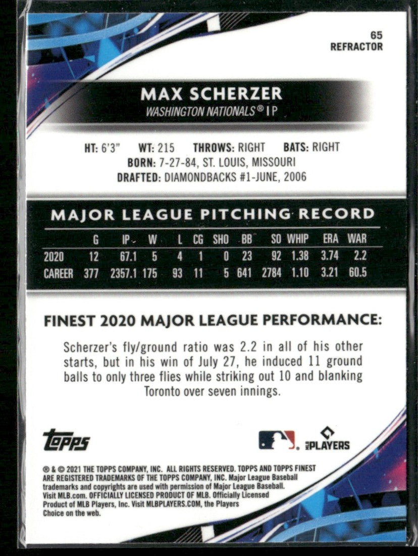 Max Scherzer 2021 Topps Finest Refractor #65 Washington Nationals