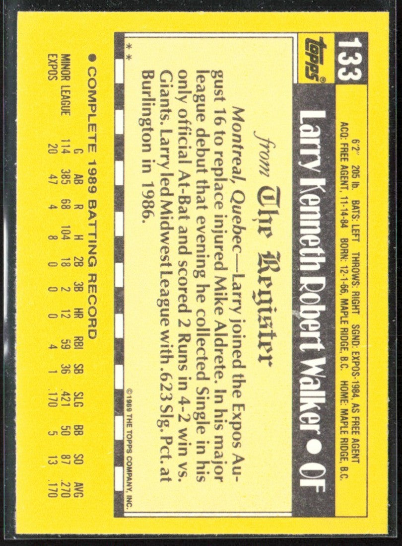 Larry Walker 1990 Topps Major League Debut 1989 RC #133 Montreal Expos