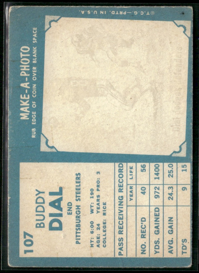 Buddy Dial 1961 Topps RC #107 Pittsburgh Steelers