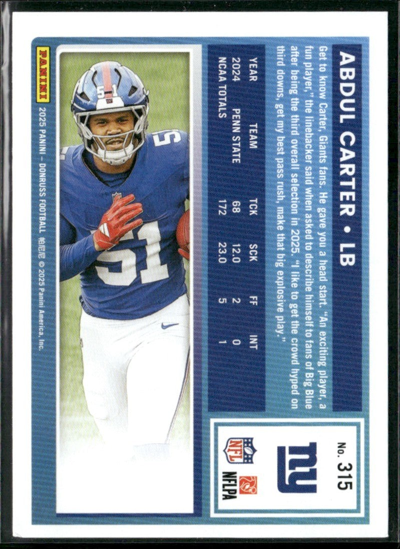 Abdul Carter 2025 Panini Donruss RC #315 New York Giants