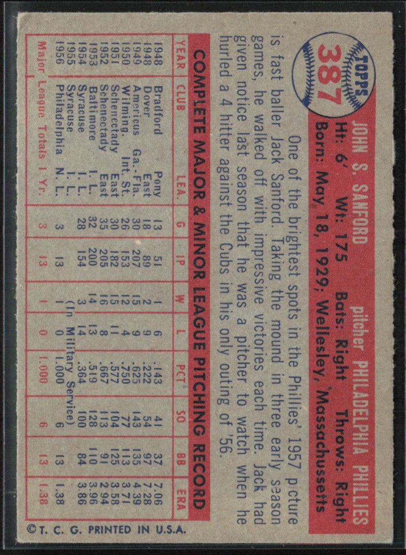 Jack Sanford 1957 Topps RC #387 Philadelphia Phillies