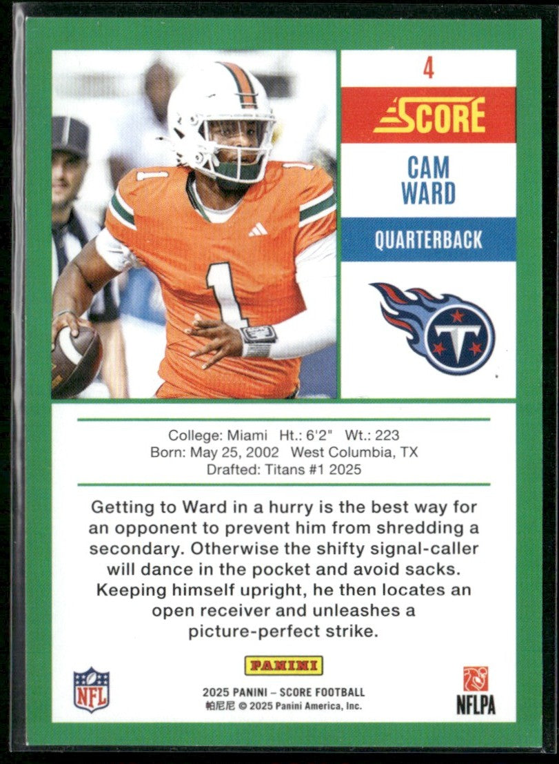 Cam Ward 2025 Panini Score RC #4 Tennessee Titans